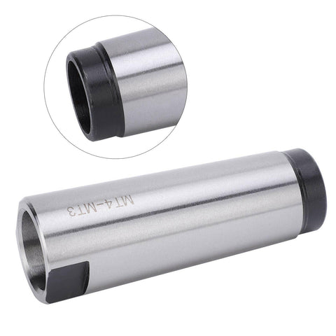 MT4 to MT3 taper drill sleeve reducing adapter, high-speed steel, quenched, silver body with black ends