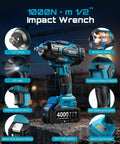Heavy Duty 1000 Newton Meter Cordless Impact Wrench Kit With Half Inch Drive, 21 Volt, Brushless Motor, Includes 46 Piece Socket Set