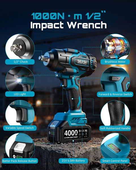 Heavy Duty 1000 Newton Meter Cordless Impact Wrench Kit With Half Inch Drive, 21 Volt, Brushless Motor, Includes 46 Piece Socket Set