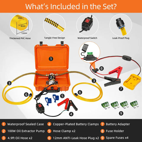 Heavy Duty Electric Oil Extractor Pump Delivers No Sweat Fluid Swaps Up To Four Liters Per Minute showing included components and accessories.