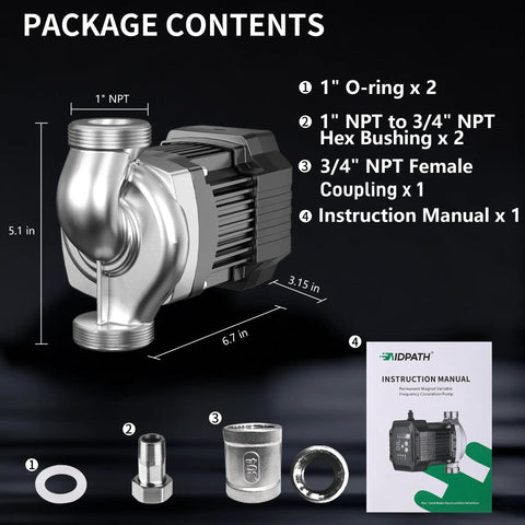 Smart Hot Water Recirculation Pump Delivers Sweet 10.1 Gpm Flow components with O-rings, bushings, coupling, and manual displayed.
