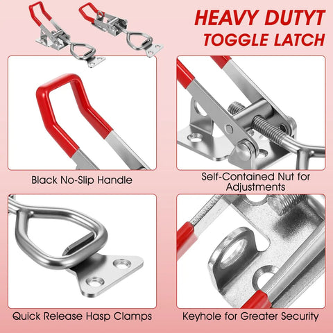 Heavy Duty Toggle Latch Clamp Set With Lock Holes, 304 Stainless Steel close-up showing adjustable latches and security features.