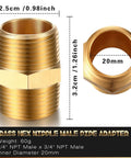 Two Piece Brass Pipe Fitting Three Quarter Inch NPT Hex Nipple Male Pipe Adapter Straight Connector displayed with dimensions
