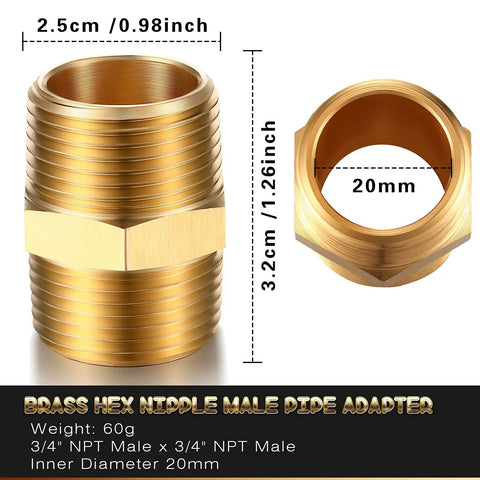 Two Piece Brass Pipe Fitting Three Quarter Inch NPT Hex Nipple Male Pipe Adapter Straight Connector displayed with dimensions
