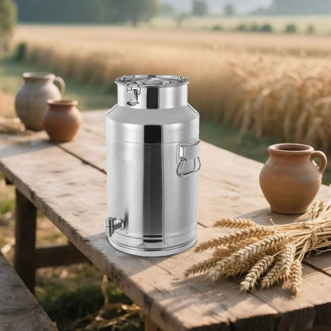 Built Tough 304 Stainless Steel Food Storage Hopper With Spigot And Airtight Lid For Staying Fresh Rice Flour Sugar Grains Coffee Beans 16 9 Gallon Capacity on wooden table.