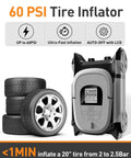 All-In-One Electric Inflation Pump For Inflatable SUP Kayak Boat Air Mattress And More, 12V DC Dual Stage Fast Inflation Auto Off, 60 PSI, 7 Modes With Universal Nozzles, Portable Air Pump For Tents Balls Car Tires next to car tires