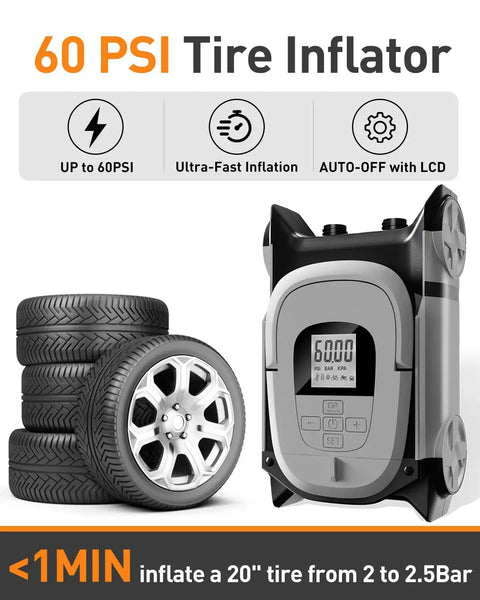 All-In-One Electric Inflation Pump For Inflatable SUP Kayak Boat Air Mattress And More, 12V DC Dual Stage Fast Inflation Auto Off, 60 PSI, 7 Modes With Universal Nozzles, Portable Air Pump For Tents Balls Car Tires next to car tires