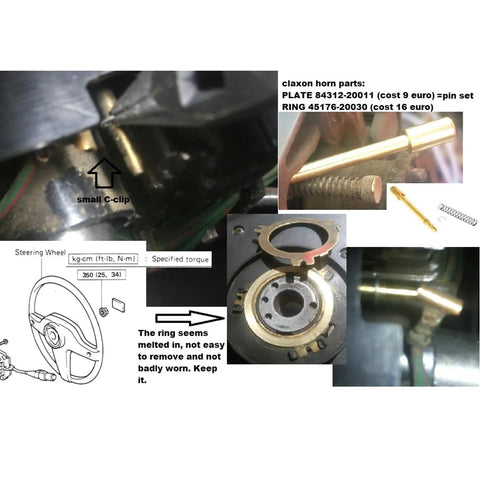 Image of Direct Fit Steering Wheel Horn Button Contact Plate Plus Plunger Pin Replacement Kit For Toyota 4runner Celica Land Cruiser Pickup, showing parts and installation details.