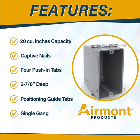 Grey Plastic Electrical Box 1-Gang New Work Junction Box With Captive Nails, shown with features list, DIY PVC for outlets.