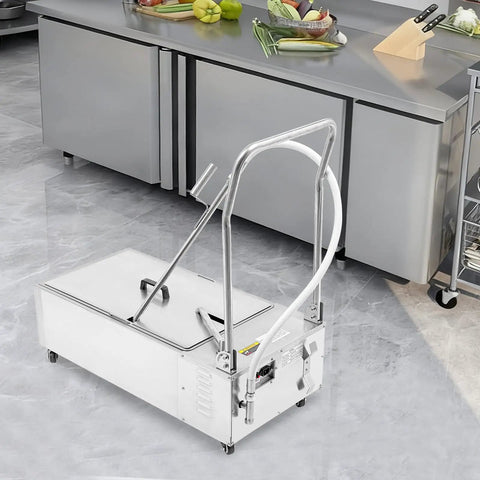 Game Changer 55L Commercial Oil Filter Machine With Stainless Steel Fryer Tank And Foldable Cart in a busy kitchen setting.