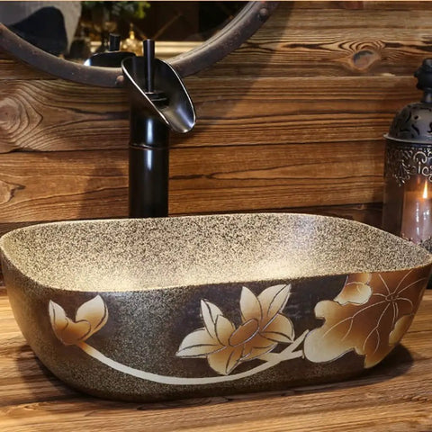USZWBY Vessel Sinks Bathroom Vanity Sink Vintage Art Countertop Basin Chinese-Style Ceramic Washbasin Home Vessel Bathroom Bowl Sink on wooden surface.