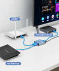 Gigabit Ethernet Splitter 1 To 2 High Speed 1000Mbps Dual RJ45 Port Adapter connected to router and set-top box