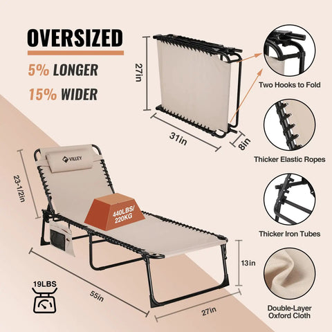 Oversized Chaise Lounge Chair With Five Adjustable Positions Ultra Comfy Heavy Duty Folding Outdoor Lounger in beige
