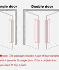 Diagram showing single and double door installation of back-to-back glass door handle set for indoor outdoor use, stainless steel.
