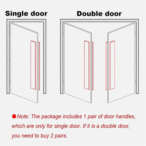 Diagram showing single and double door installation of back-to-back glass door handle set for indoor outdoor use, stainless steel.