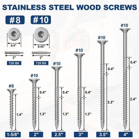 410 Grade Stainless Steel Deck Screws 150 Pack With T20 Star Drive Tough As Nails Rust Resistant Timber Screws sizes #8 and #10