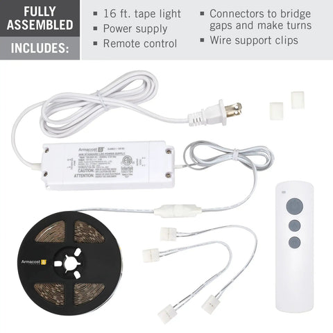 RibbonFlex Pro Plus 12V LED Strip Light Kit with 3000K soft white, remote, connectors, and power supply displayed on white background.