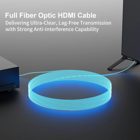 Badass Detachable Full Fiber Optic HDMI 2.1 Cable featuring tough armored jacket on a media setup for crisp visuals.