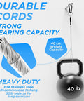2 Pack Hanging Straps With Carabiner Hook displaying 40 lb weight capacity with durable stainless steel cord illustration