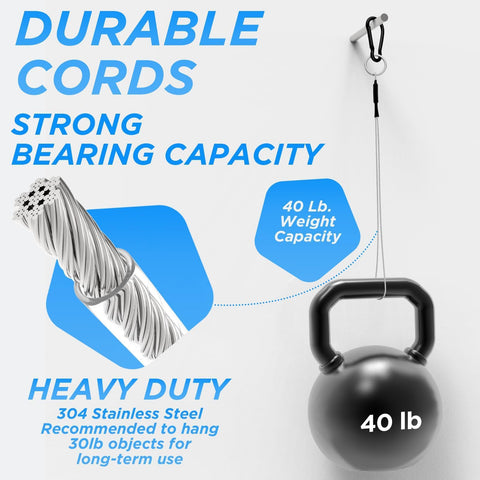 2 Pack Hanging Straps With Carabiner Hook displaying 40 lb weight capacity with durable stainless steel cord illustration