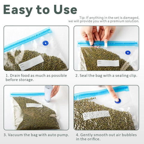 Reusable Sous Vide Vacuum Sealer Bags 30 Pcs Set With Upgraded Auto Pump BPA Free Microwave Safe Freezer Safe Works With Anova And Joule Cookers Durable Food Storage For Precise Cooking, showing step-by-step sealing process, blue clips, vacuum pump, and air bubble removal.