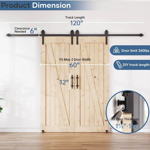 10 Foot Double Door Sliding Protractor Door Hardware Track Kit With Handle Industrial Spoke Wheel Wall Mount Quiet Glide Easy Install Black Finish 108 Inch Track Fits 50 To 52 Inch Opening shown with dimensions and installation details