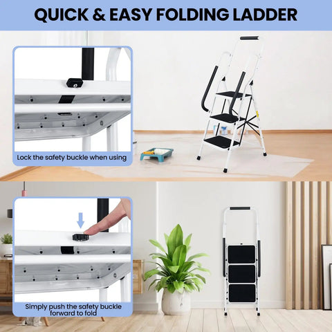 Ultra Handy 3 Step Folding Ladder With Handrails Wide Anti Slip Pedals Steel Portable Stool folded and locked for home use