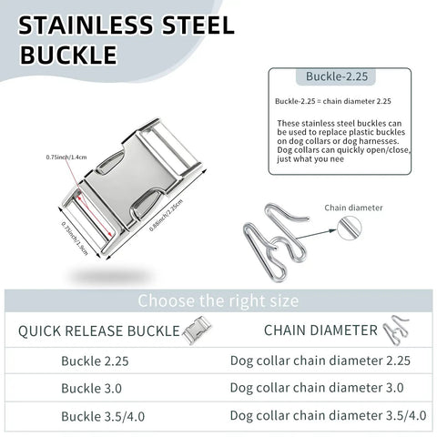 Diagram of Stainless Steel Quick Release Dog Collar Buckle, 2.25 Inch Wide, showing dimensions and chain diameter for secure fit.