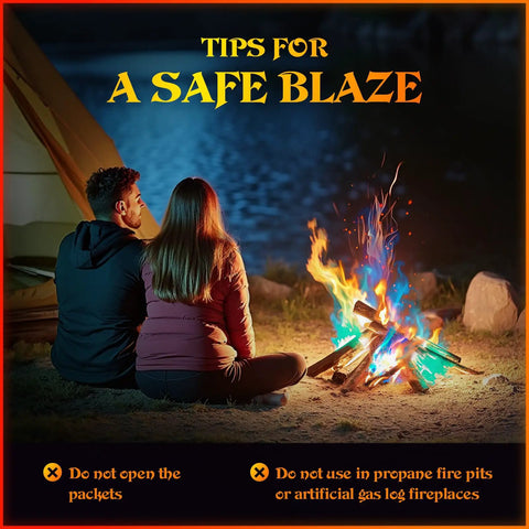 Totally Lit Color Changing Fire Packets For Fire Pits And Bonfires with couple sitting by colorful campfire in outdoor setting.