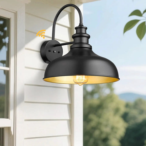 Dusk To Dawn Sensor Farmhouse Barn Light, No Fuss Auto On Off Outdoor Wall Lantern For Porch Patio Garage, Black And Gold Finish