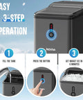 Countertop Nugget Ice Maker Pebble Ice Machine Six Minute Quick Snap Self Cleaning Compact Portable Design interface with instructions.