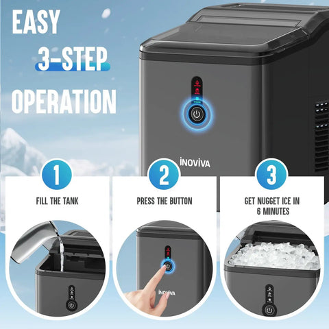 Countertop Nugget Ice Maker Pebble Ice Machine Six Minute Quick Snap Self Cleaning Compact Portable Design interface with instructions.