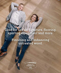 "Fast Drying Boiled Linseed Oil For Wood Care, highlighted with a couple lying on wooden floor, showcasing clear finish effect."