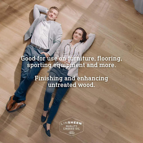 "Fast Drying Boiled Linseed Oil For Wood Care, highlighted with a couple lying on wooden floor, showcasing clear finish effect."