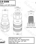 Three-view diagram of Summit Hydraulics 1/4 in NPT flat-face hydraulic quick-connect coupler with dust caps