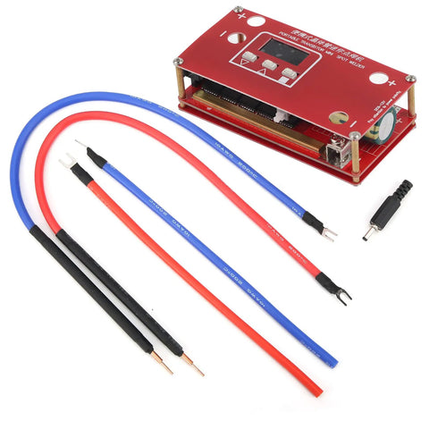 Portable Mini Spot Welder With LCD Display, Dual Power From Lithium Battery Packs Or 12V Car Supply, welding cables shown