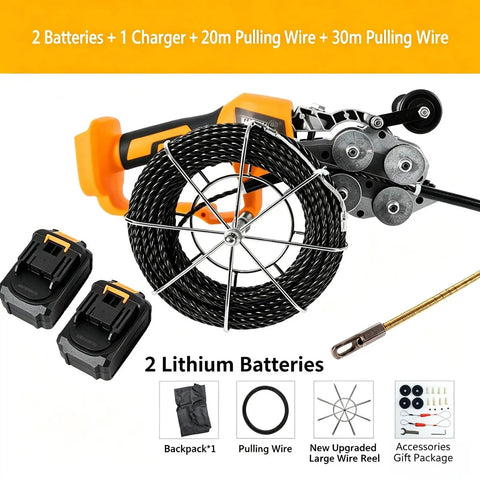Straight Up Pro Grade Electrician Threading Machine With Brushless Motor Cordless Cable Pulling Tool For Conduit And Hidden Pipe Routing No Sweat Work On Home Renovations, featuring 2 batteries, charger, and pulling wire.