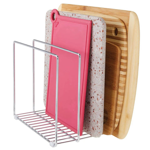 3 Slot Tray And Pan Rack For Kitchen Organization, metal wire pantry storage holding cutting boards, silver finish, space saving