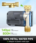 Close-up of Heavy Duty Metal Garden Hose Timer with full-flow metal pipe showing water pressure and durability details.