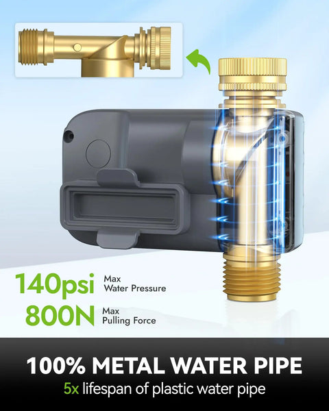 Close-up of Heavy Duty Metal Garden Hose Timer with full-flow metal pipe showing water pressure and durability details.