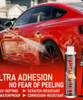 Matte Black Rim Touch Up Paint Pen Quick Cure For Curb Rash And Scuffed Wheels Auto Alloy Scratch Fix shown on a red car wheel.