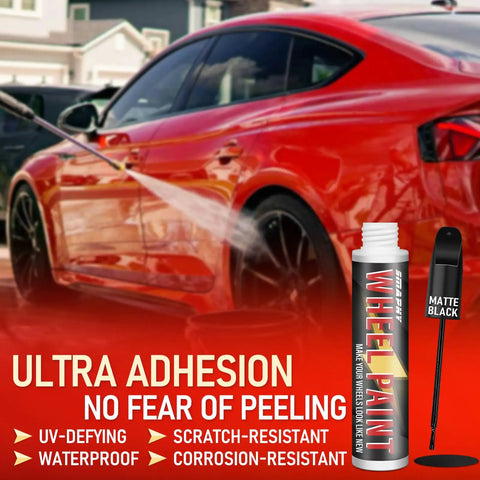 Matte Black Rim Touch Up Paint Pen Quick Cure For Curb Rash And Scuffed Wheels Auto Alloy Scratch Fix shown on a red car wheel.