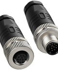12 Pin M12 A Code Aviation Connector Male And Female 12mm Circular Socket Waterproof Solder Plugs For Automation Sensors And Actuators 30V 1A IP67 Rated showing front and side view.