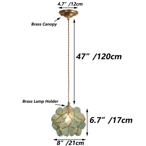 Petals Tiffany Style Stained Glass Ceiling Pendant Light with eight inch lampshade in textured aqua blue cherry blossom finish