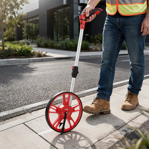 Hella Portable Foldable Distance Measuring Wheel With Bright Lcd Screen And Built In Carry Strap Rolls Out Smooth For Contractors And Handyman Teams in use on sidewalk.