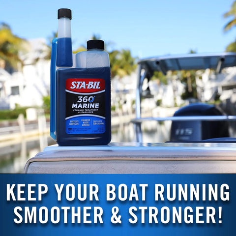 Marine Fuel System Treatment 32 Oz For Boats And Watercraft, Fuel System Cleaner And Injector Cleaner That Removes Water, Gum, And Varnish, Prevents Corrosion And Ethanol Damage, Treats Up To 320 Gallons, Improves Performance bottle with marina background.