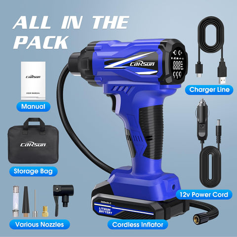 Cordless Tire Inflator Portable On The Go Air Compressor With 150 PSI Dual Power DC 12V And Battery Handheld Air Pump