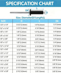 Specification chart for 500 Piece Black Pop Rivet Kit With 14 SAE Aluminum Blind Rivets, sizes in inches and millimeters.