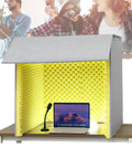 Portable Desktop Vocal Booth Featuring Flame Retardant Sound Absorbing Foam Panels For Killer Home Studio Recording And Secure Vocals That Sound Totally Sick While Shutting Out Annoying Room Echoes Now with microphone and laptop inside.