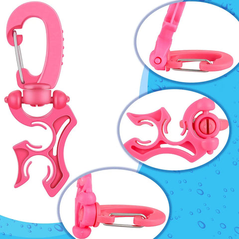 Pink dive double hose clip with snap hook, part of Six Piece Dive Double Hose Clip Set For Scuba Snorkeling Gear Durable BCD Hose Holder Clips